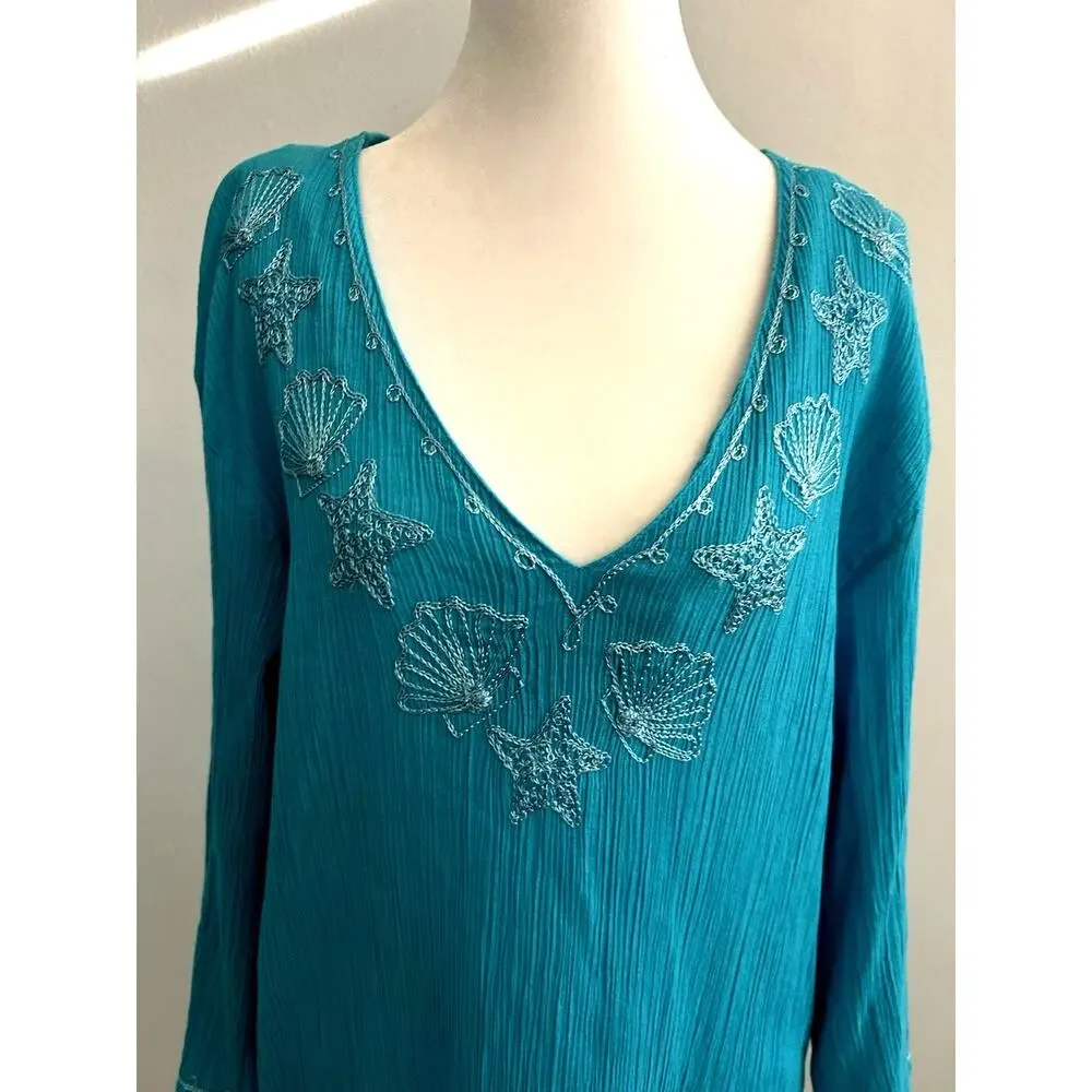 Sea Shells Embroidered coverup tunic V Neck Sea Teal Green Casual Beach Boho XL